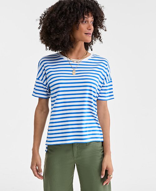On 34th Women's Knit Easy Short-Sleeve Striped T-Shirt Exclusively at Macy's Women's Fashion Shoes & Accessories