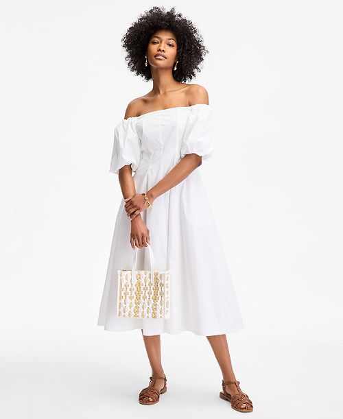 On 34th Women's Off-The-Shoulder Puff-Sleeve Midi Dress Exclusively at Macy's Women's Fashion Shoes & Accessories