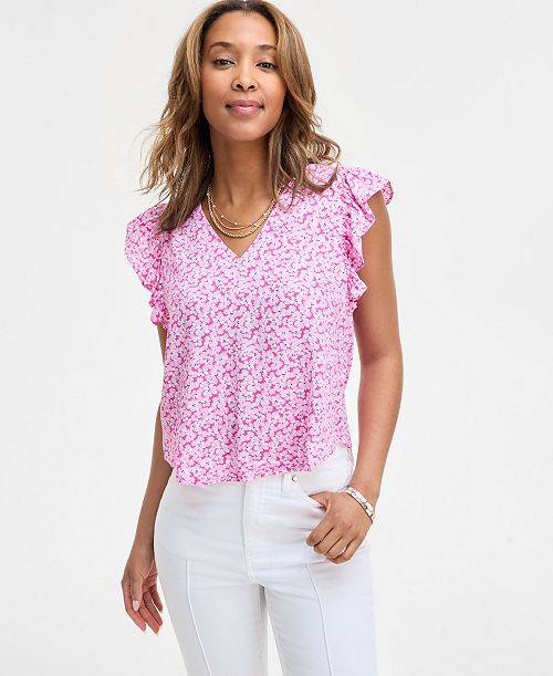 On 34th Women's Printed Ruffle V-Neck Top Exclusively at Macy's Women's Fashion Shoes & Accessories