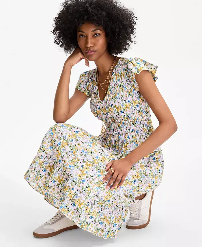 On 34th Women's Printed Smocked Flutter-Sleeve Midi Dress Exclusively At Macy's Women's Fashion Shoes & Accessories