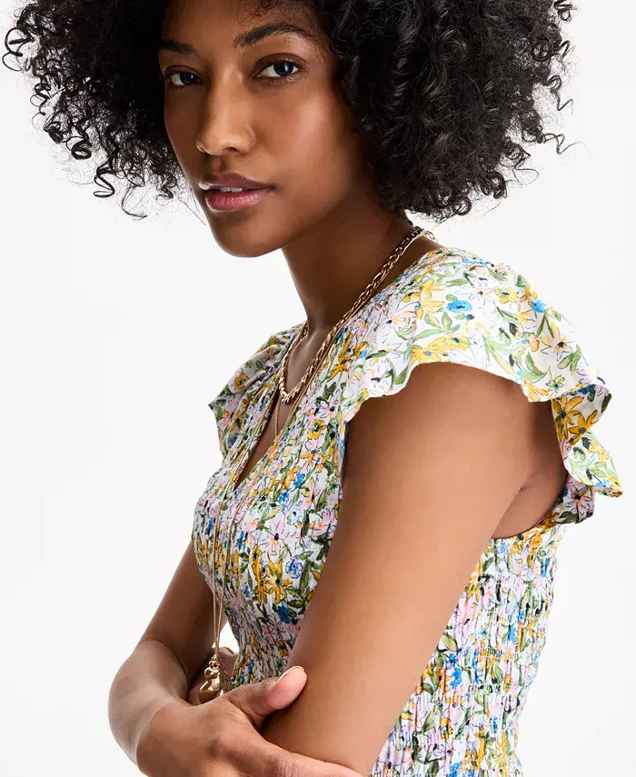 On 34th Women's Printed Smocked Flutter-Sleeve Midi Dress Exclusively At Macy's Women's Fashion Shoes & Accessories