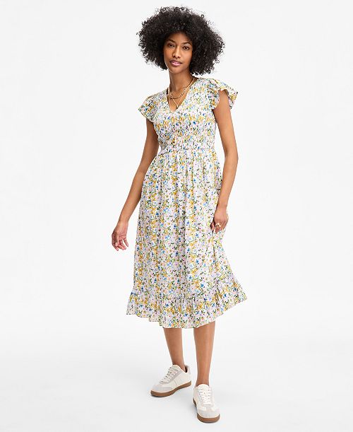 On 34th Women's Printed Smocked Flutter-Sleeve Midi Dress Exclusively at Macy's Women's Fashion Shoes & Accessories