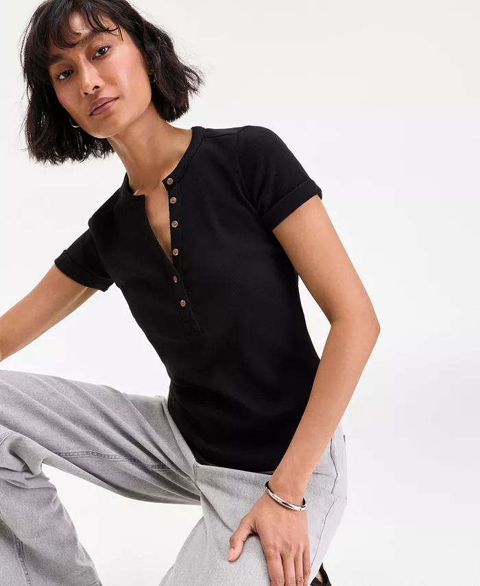 On 34th Women's Roll Cuff Rib-Knit Henley T-Shirt Exclusively At Macy's Women's Fashion Shoes & Accessories