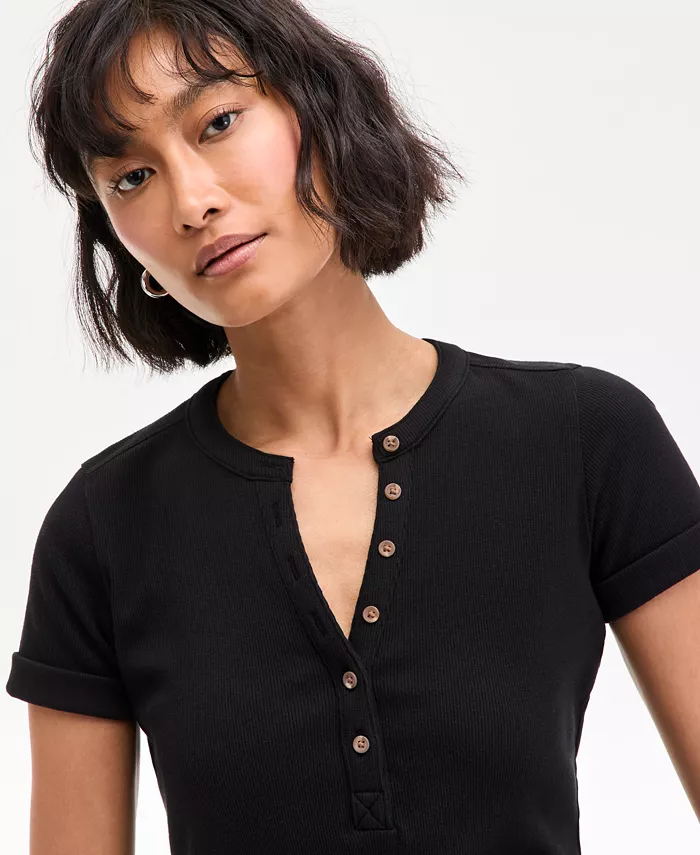 On 34th Women's Roll Cuff Rib-Knit Henley T-Shirt Exclusively At Macy's Women's Fashion Shoes & Accessories