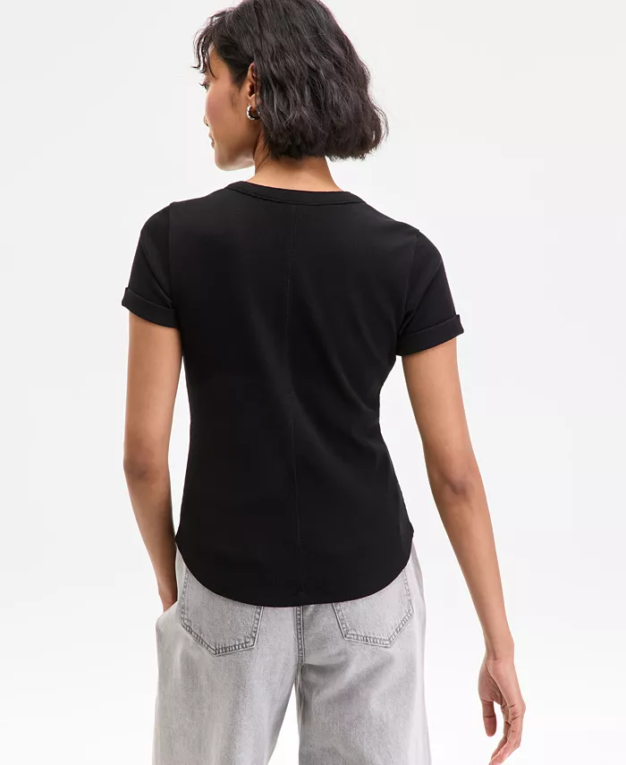 On 34th Women's Roll Cuff Rib-Knit Henley T-Shirt Exclusively At Macy's Women's Fashion Shoes & Accessories