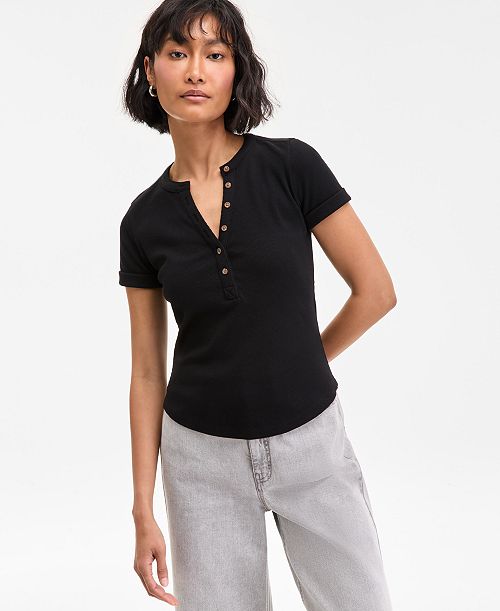 On 34th Women's Roll Cuff Rib-Knit Henley T-Shirt Exclusively at Macy's Women's Fashion Shoes & Accessories