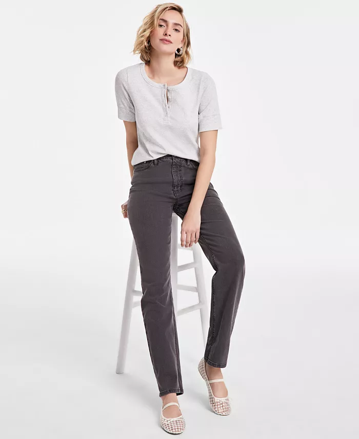 On 34th Women's Short Sleeve Ribbed Henley Tee Exclusively At Macy's Women's Fashion Shoes & Accessories