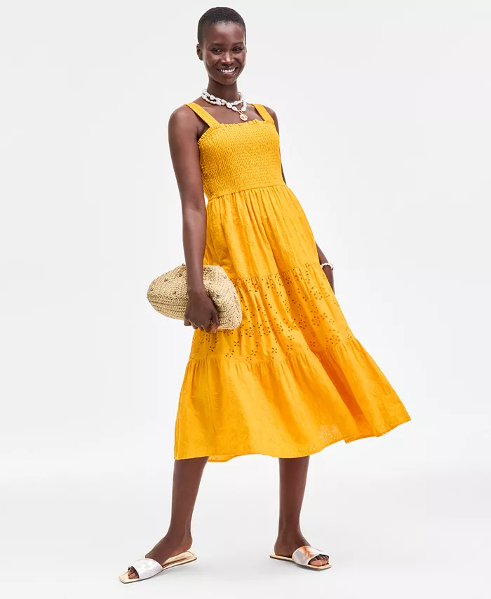 On 34th Women's Smocked Embroidered Eyelet Midi Dress Exclusively At Macy's Women's Fashion Shoes & Accessories