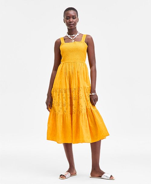 On 34th Women's Smocked Embroidered Eyelet Midi Dress Exclusively at Macy's Women's Fashion Shoes & Accessories