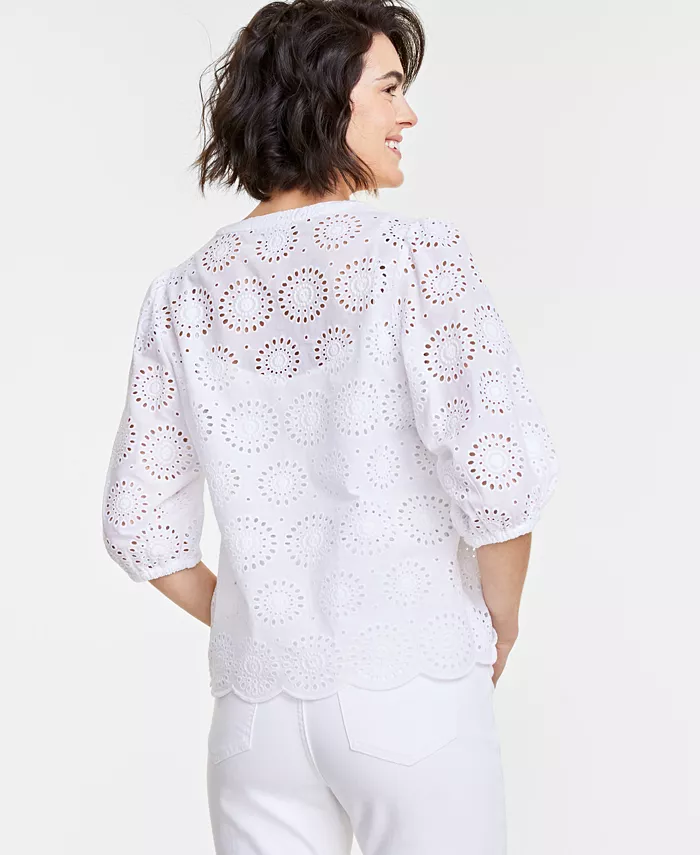 On 34th Women's Solid Eyelet Puff-Sleeve Blouse Created For Macy's Women's Fashion Shoes & Accessories