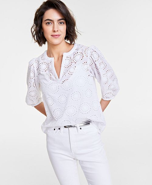 On 34th Women's Solid Eyelet Puff-Sleeve Blouse Created For Macy's Women's Fashion Shoes & Accessories