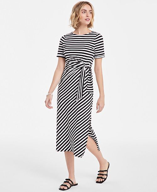 On 34th Women's Striped Tie-Waist Midi Dress Exclusively at Macy's Women's Fashion Shoes & Accessories