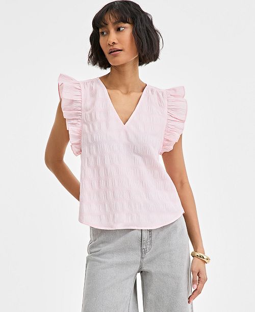 On 34th Women's Textured Sleeveless Ruffle Femme Top Exclusively at Macy's Women's Fashion Shoes & Accessories