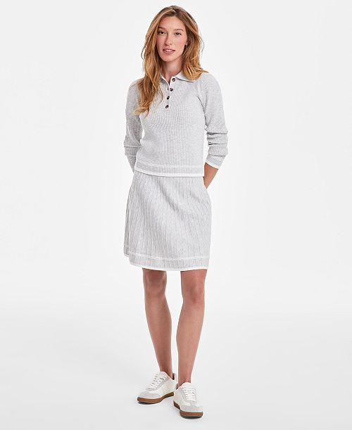 On 34th Women's Tipped Long-Sleeve Polo Sweater & Tipped Knit Skirt Exclusively at Macy's Women's Fashion Shoes & Accessories