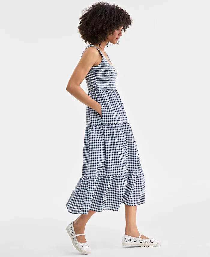 On 34th Women's Woven Gingham Tiered Scoop-Neck Tank Midi Dress Exclusively At Macy's Women's Fashion Shoes & Accessories