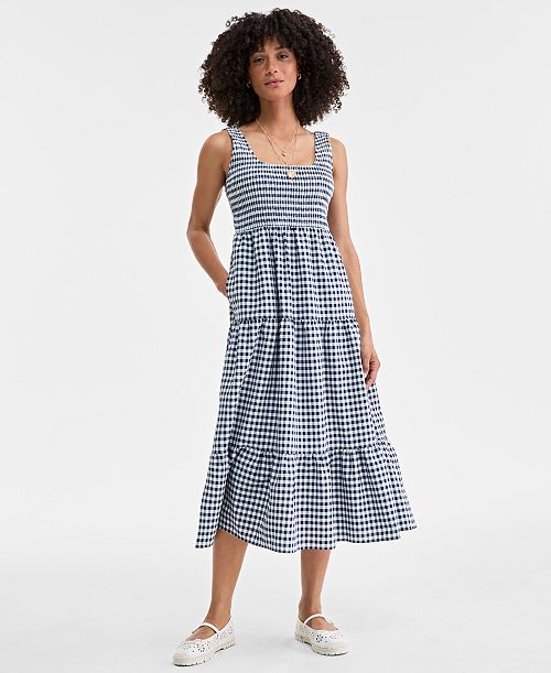 On 34th Women's Woven Gingham Tiered Scoop-Neck Tank Midi Dress Exclusively at Macy's Women's Fashion Shoes & Accessories