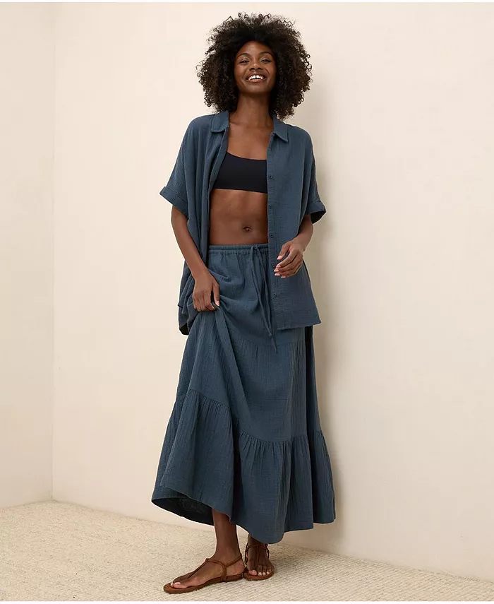 Pact Women's Organic Cotton Coastal Double Gauze Tiered Maxi Skirt Women's Fashion Shoes & Accessories