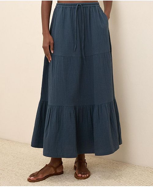 Pact Women's Organic Cotton Coastal Double Gauze Tiered Maxi Skirt Women's Fashion Shoes & Accessories