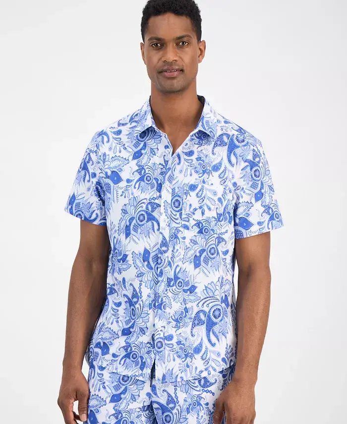 Paisley & Gray Men's Indigo And White Paisley Swim Shirt & 6" Swim Trunks Men's Fashion & Accessories