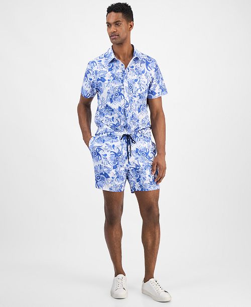 Paisley & Gray Men's Indigo and White Paisley Swim Shirt & 6" Swim Trunks Men's Fashion & Accessories