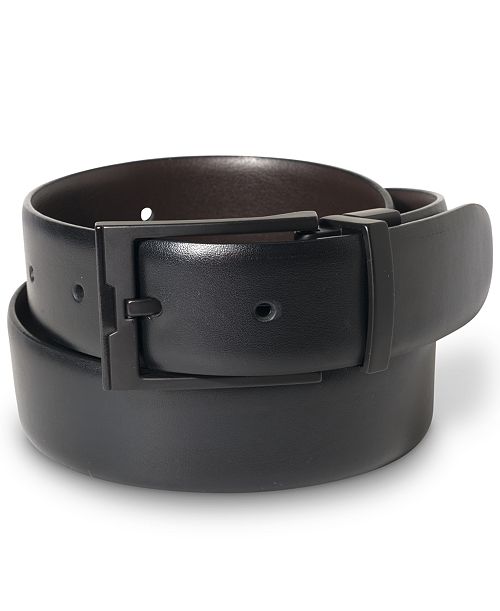 Perry Ellis Portfolio Men's Matte Black Reversible Buckle Leather Belt Men's Fashion & Accessories