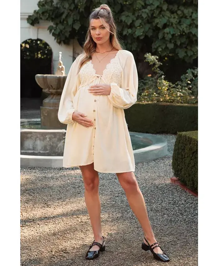 Pinkblush Maternity Beige Crochet Lace Button Front Dress Women's Fashion Shoes & Accessories