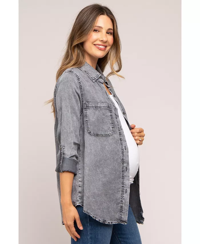 Pinkblush Maternity Charcoal Chambray Rolled Cuff Shirt Women's Fashion Shoes & Accessories