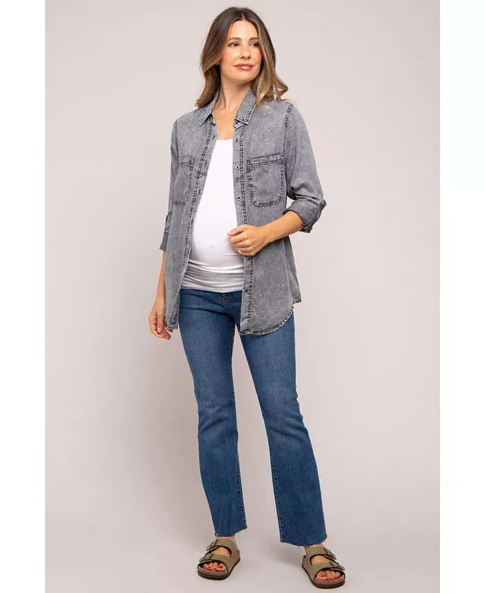 Pinkblush Maternity Charcoal Chambray Rolled Cuff Shirt Women's Fashion Shoes & Accessories