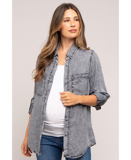 Pinkblush Maternity Charcoal Chambray Rolled Cuff Shirt Women's Fashion Shoes & Accessories