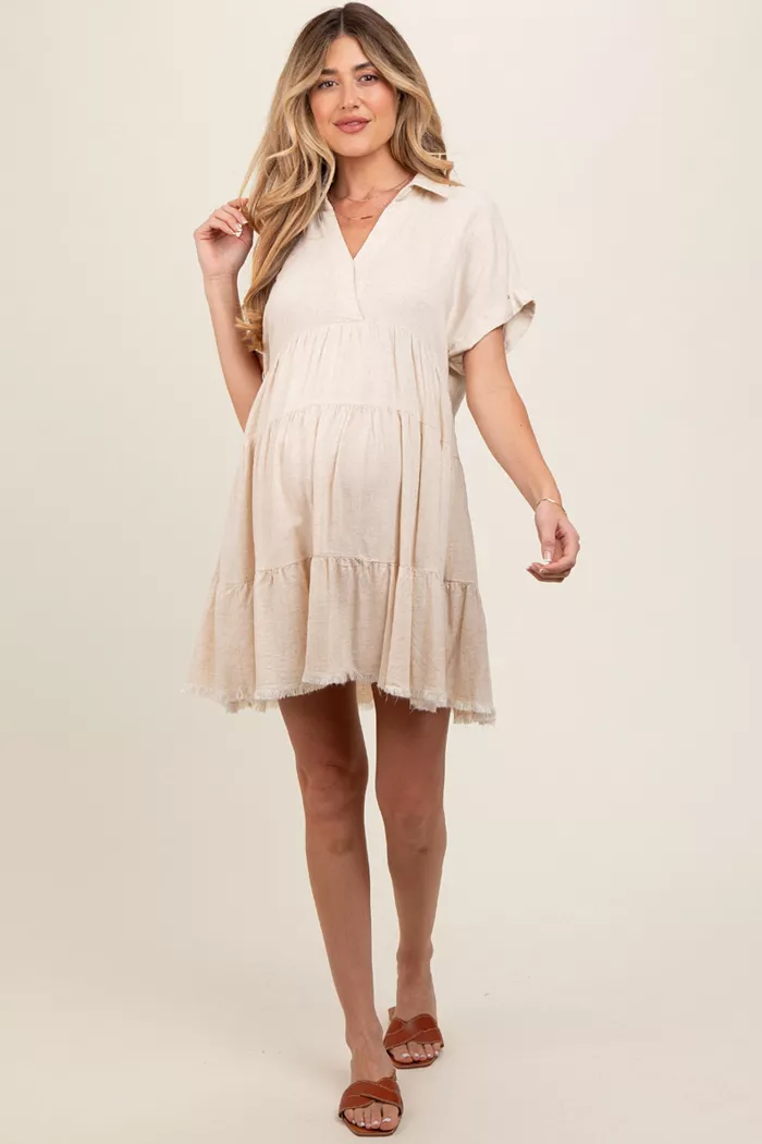 Pinkblush Maternity Cream Tiered Linen Dress Women's Fashion Shoes & Accessories