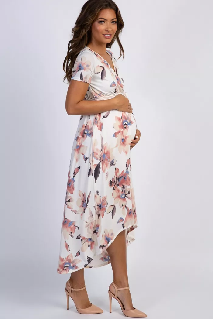 Pinkblush Maternity Ivory Watercolor Floral Hi-Low Wrap Dress Women's Fashion Shoes & Accessories