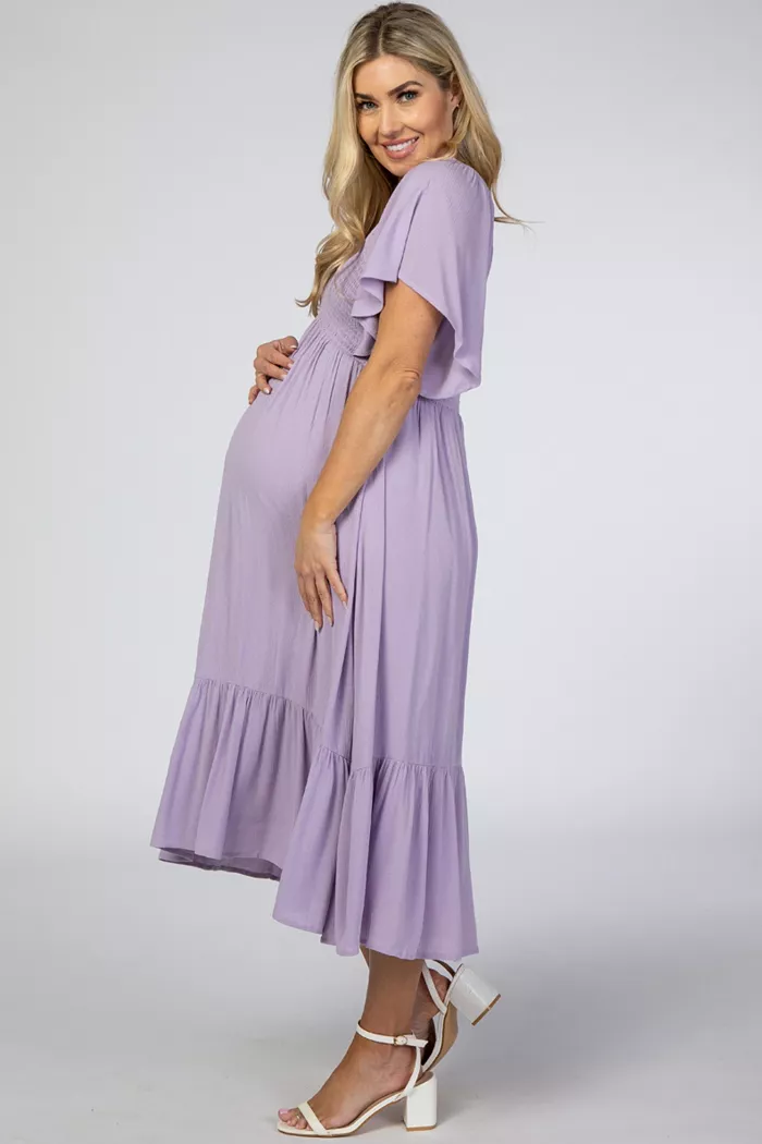 Pinkblush Maternity Lavender Smocked Ruffle Dress Women's Fashion Shoes & Accessories
