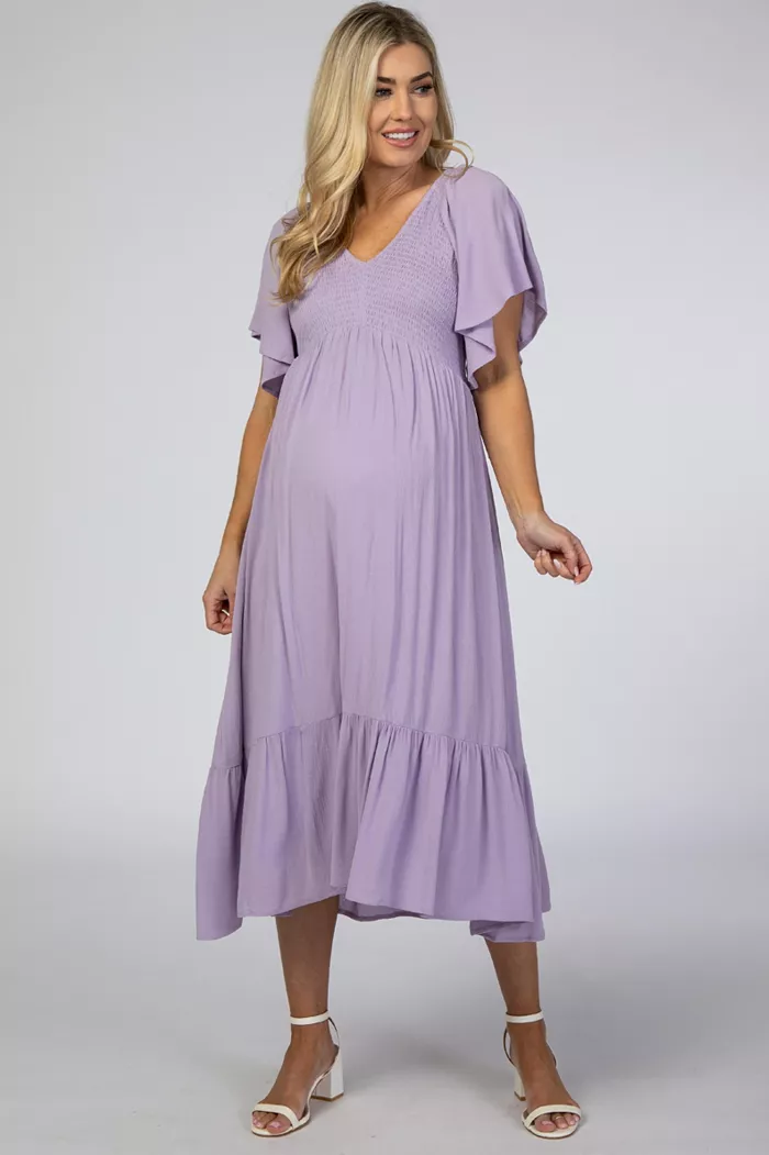 Pinkblush Maternity Lavender Smocked Ruffle Dress Women's Fashion Shoes & Accessories