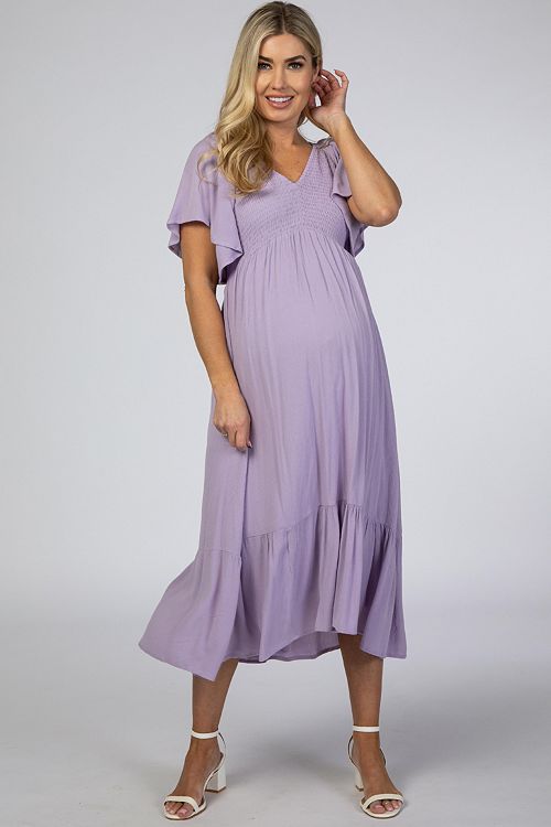 Pinkblush Maternity Lavender Smocked Ruffle Dress Women's Fashion Shoes & Accessories