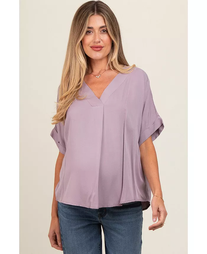 Pinkblush Maternity Lavender V-Neck Pin-Tuck Detail Top Women's Fashion Shoes & Accessories