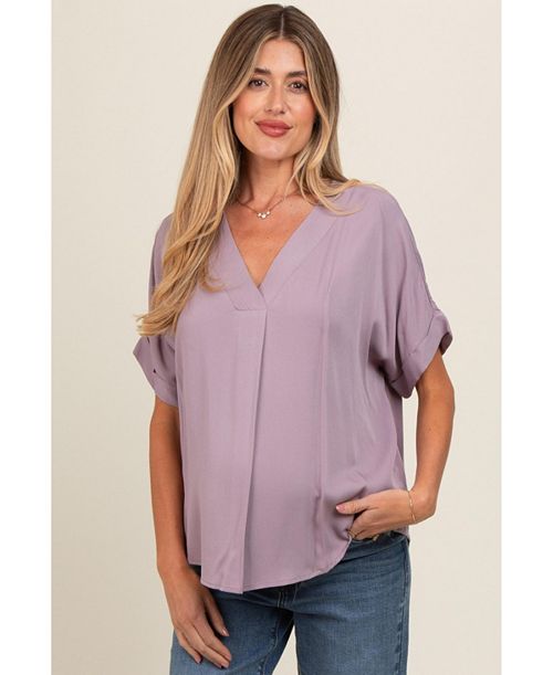 Pinkblush Maternity Lavender V-Neck Pin-Tuck Detail Top Women's Fashion Shoes & Accessories
