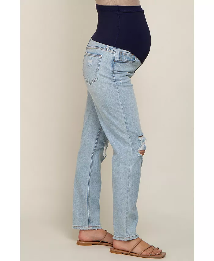 Pinkblush Maternity Light Blue Distressed Knee Jeans Women's Fashion Shoes & Accessories