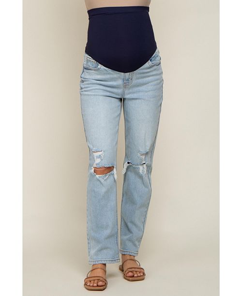 Pinkblush Maternity Light Blue Distressed Knee Jeans Women's Fashion Shoes & Accessories