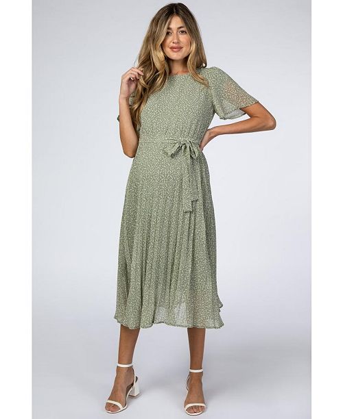 Pinkblush Maternity Light Olive Leaf Print Pleated Midi Dress Women's Fashion Shoes & Accessories