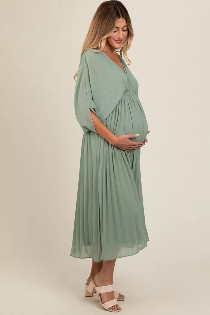 Pinkblush Maternity Light Olive Pleated V Neck Maxi Dress Women's Fashion Shoes & Accessories