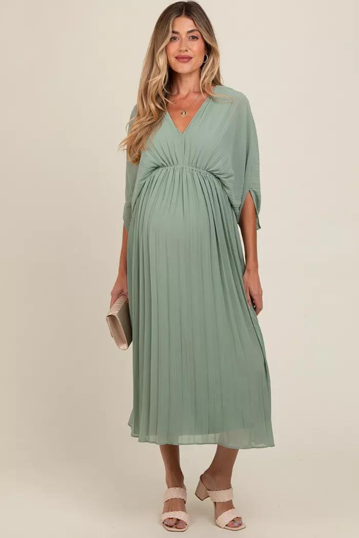 Pinkblush Maternity Light Olive Pleated V Neck Maxi Dress Women's Fashion Shoes & Accessories