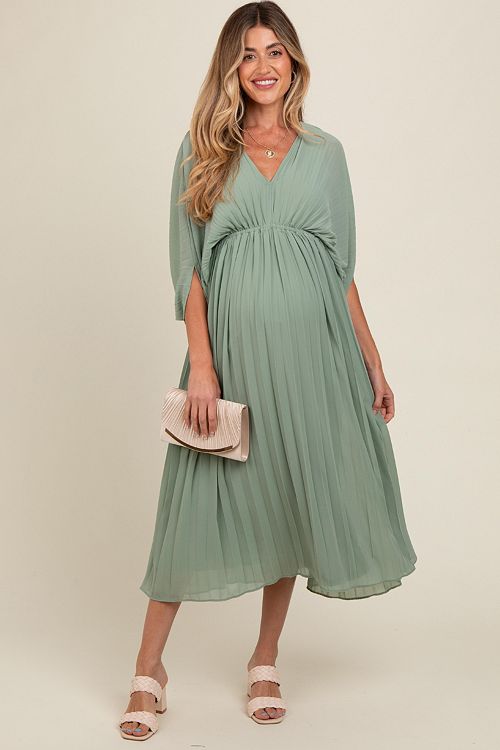 Pinkblush Maternity Light Olive Pleated V Neck Maxi Dress Women's Fashion Shoes & Accessories
