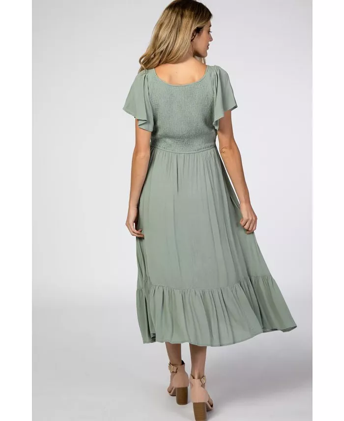 Pinkblush Maternity Mauve Smocked V-Neck Midi Dress Women's Fashion Shoes & Accessories