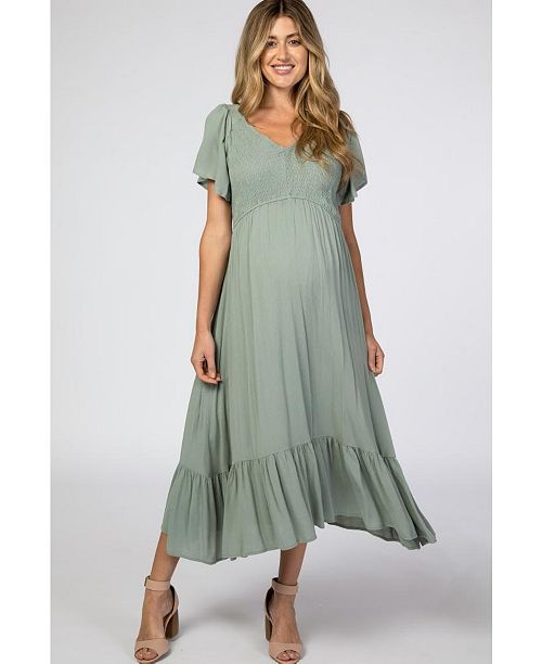 Pinkblush Maternity Mauve Smocked V-Neck Midi Dress Women's Fashion Shoes & Accessories