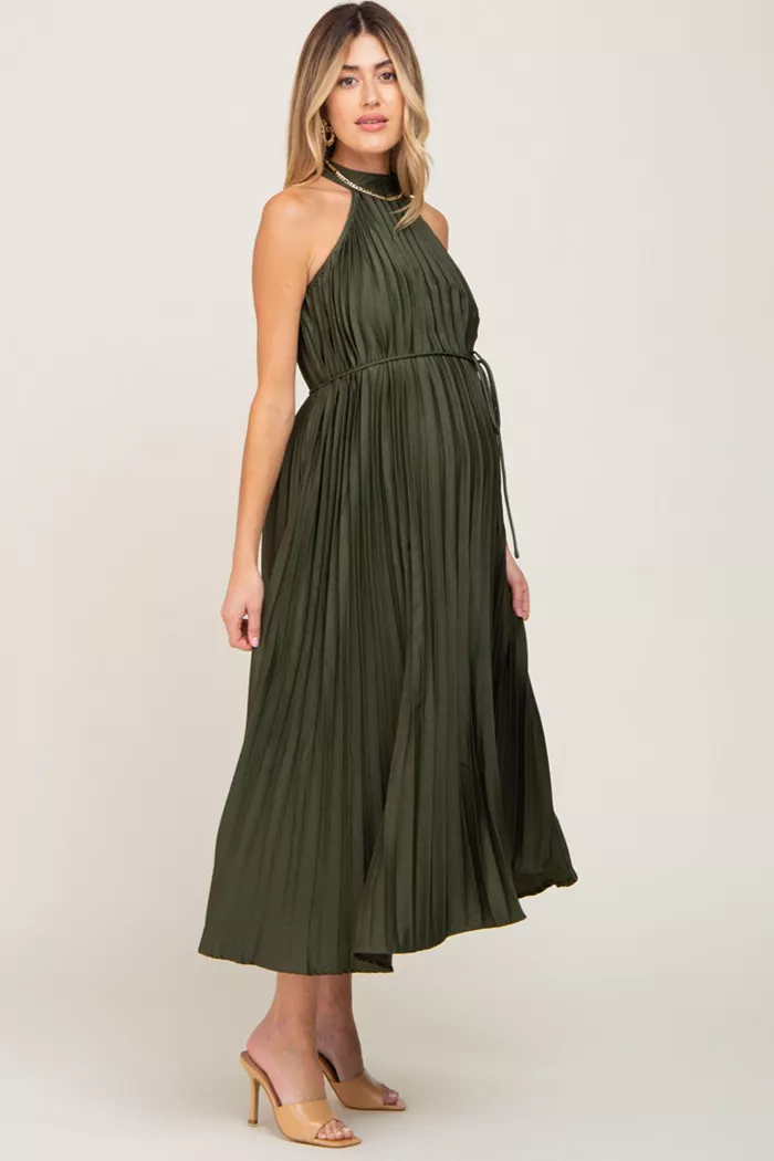 Pinkblush Maternity Olive Pleated Halter Dress Women's Fashion Shoes & Accessories