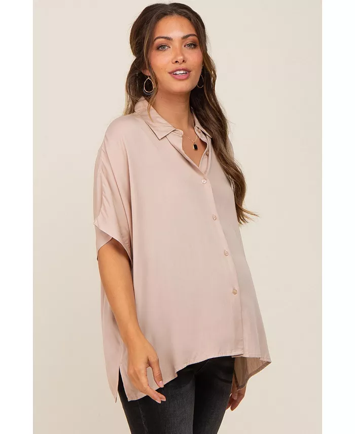 Pinkblush Maternity Taupe Button Up Dolman Short Sleeve Top Women's Fashion Shoes & Accessories