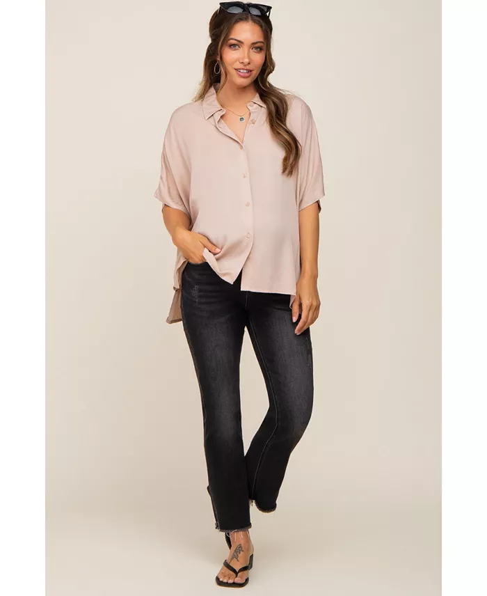 Pinkblush Maternity Taupe Button Up Dolman Short Sleeve Top Women's Fashion Shoes & Accessories