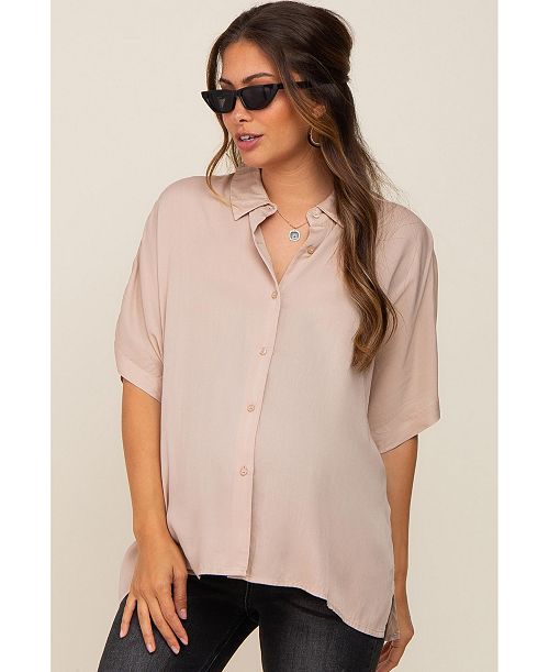 Pinkblush Maternity Taupe Button Up Dolman Short Sleeve Top Women's Fashion Shoes & Accessories