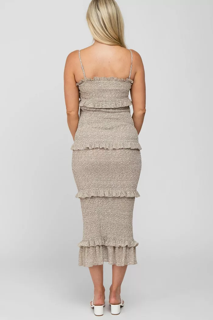 Pinkblush Maternity Taupe Leaf Print Smocked Fitted Midi Dress Women's Fashion Shoes & Accessories