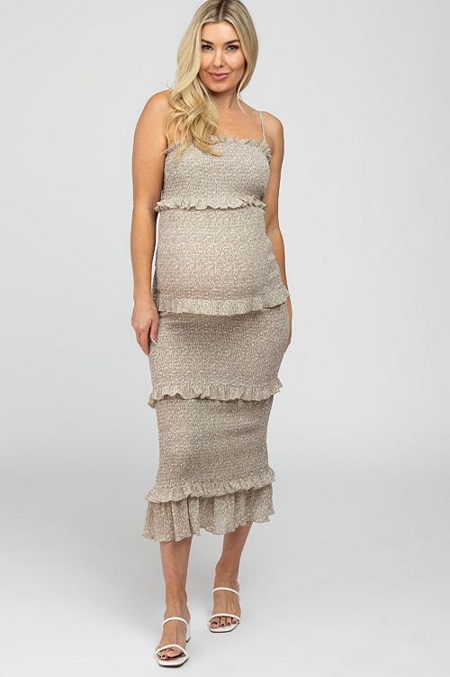 Pinkblush Maternity Taupe Leaf Print Smocked Fitted Midi Dress Women's Fashion Shoes & Accessories